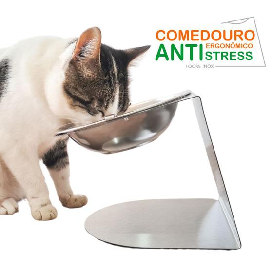 Imagem de Comedouro Ergonômico Elevado para Gatos 100% Inox (Unitário) - AntiStress, AntiQueda, Mais Durável