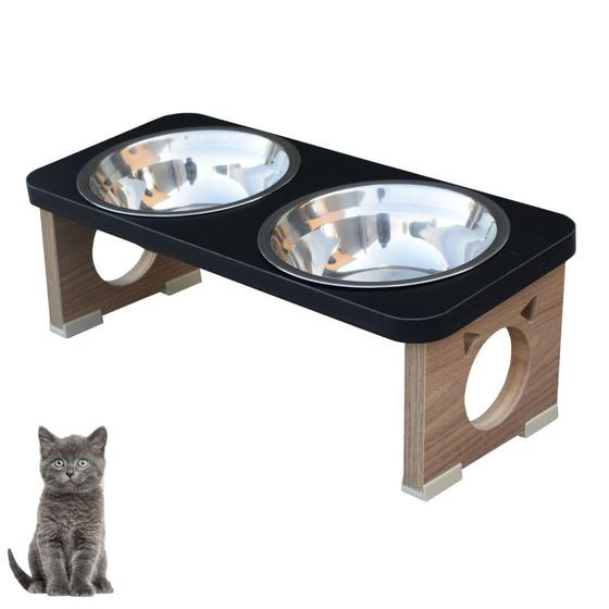 Imagem de Comedouro Gato Pet MDF Elevado Duplo Colors Preto - Inox