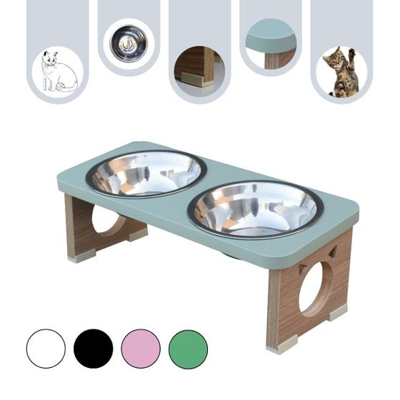 Imagem de Comedouro Gato Pet MDF Elevado Duplo Colors Verde - Inox