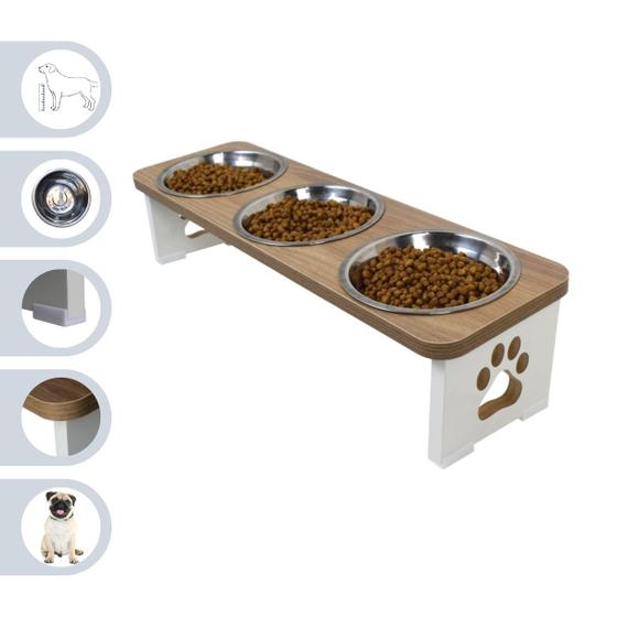 Imagem de Comedouro Triplo Elevado Cachorro Pet MDF  - Inox