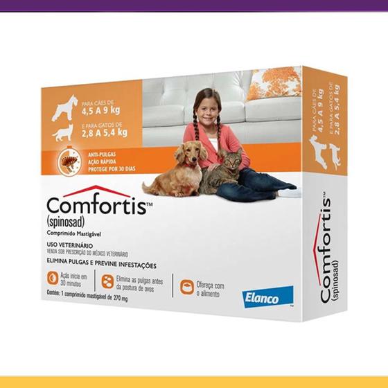 Comfortis Elanco 270 mg para Cães de 4,5 a 9 Kg e Gatos de 2,8 a 5,4 Kg - 1 Comprimido Menor preço em Comfortis Elanco 270 mg para Cães de 4,5 a 9 Kg e Gatos de 2,8 a 5,4 Kg - 1 Comprimido