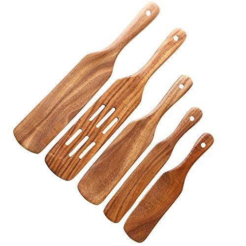 Imagem de Como visto na TV, 5PCS Conjunto de esporas de madeira, anti-stick natural teak madeira espátula cozinha utensílios ferramentas com orifício pendurado com colhers de madeira de espátula de agitação para panelas antiaderente e panela