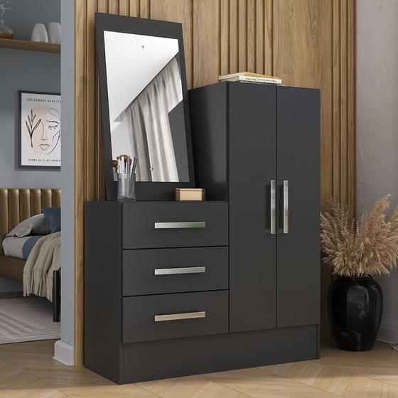 Imagem de Cômoda 2 Portas 3 Gavetas com Espelho Dunas Preto
