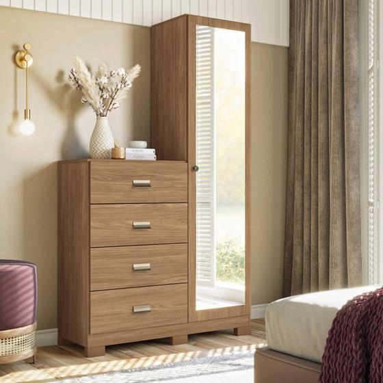 Imagem de Cômoda 4 Gavetas 1 Porta Estilo com Espelho e Pés