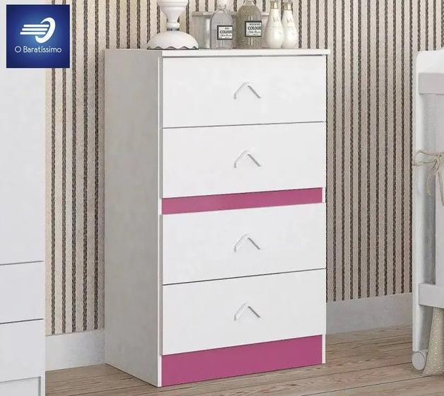 Imagem de Cômoda 4 Gavetas Infantil - TRENTO BRANCO/ROSA FLEX