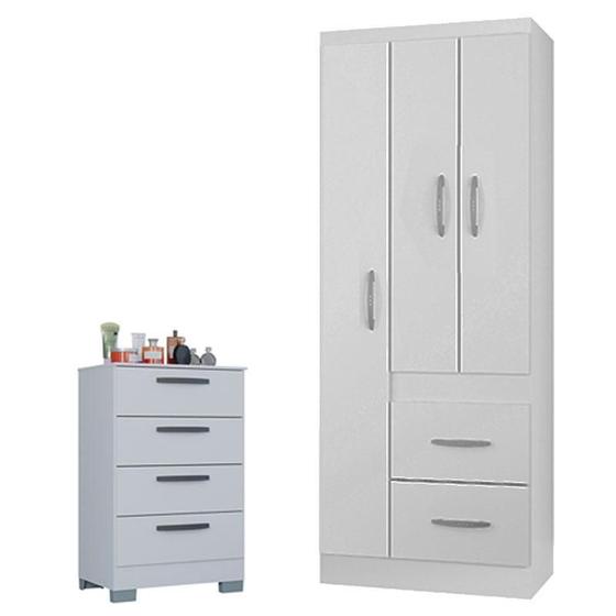 Imagem de Cômoda 867 4 Gavetas com Guarda Roupa Solteiro Milão 3 Portas Branco Brilho - Poquema