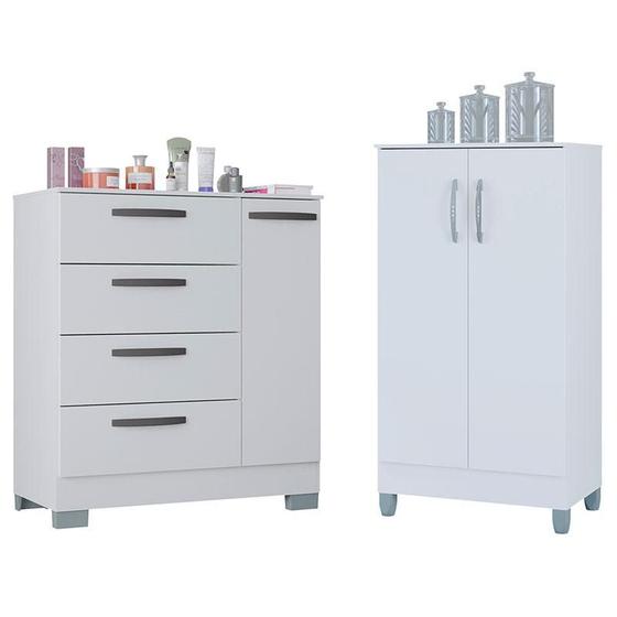 Imagem de Cômoda 868 4 Gavetas e 1 Porta com Armário Multiuso 2 Portas Pequeno Branco Brilho - Poquema