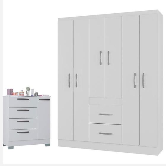 Imagem de Cômoda 868 4 Gavetas e 1 Porta com Guarda Roupa Casal Milão 6 Portas Branco Brilho - Poquema