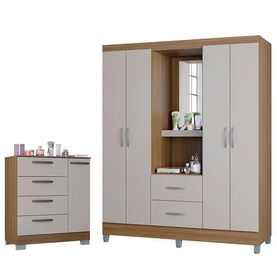 Imagem de Cômoda 868 4 Gavetas e 1 Porta com Guarda Roupa Solteiro Córdoba 4 Portas Castanho Off White - Poquema