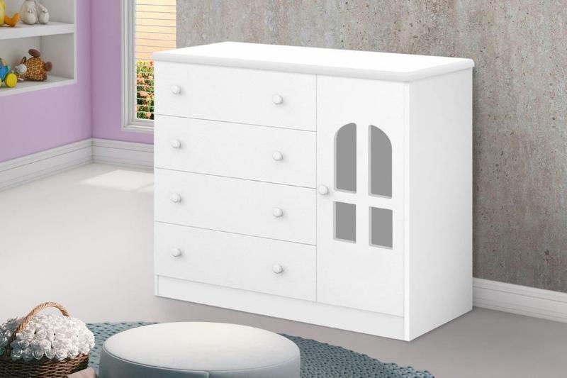 Imagem de Cômoda AL 4 Gavetas e 1 Porta Com Detalhes em Acrílico e Prateleira Interna Cor Branco