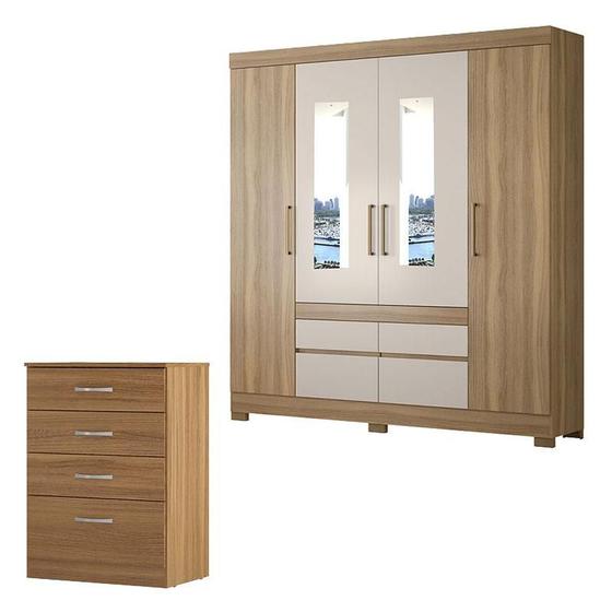 Imagem de Cômoda Astral e Guarda Roupa Casal Bilbao Amêndola Off White com Espelho - Demóbile