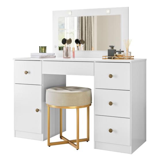Cômoda Camarim Sonhos 121cm 5 Gavetas com Espelho e Luminárias de LED Branco Moval Menor preço em Cômoda Camarim Sonhos 121cm 5 Gavetas com Espelho e Luminárias de LED Branco Moval