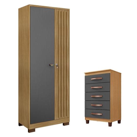 Imagem de Cômoda Cannes 5 Gavetas com Armário Multiuso Versatile 2 Portas com Chave Carvalho Americano Grafite - Incorplac Incorplac