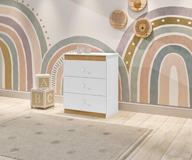 Imagem de Cômoda CAT Linha Infantil 3 Gavetas Com Puxadores Cromados Cor Branco/Nature