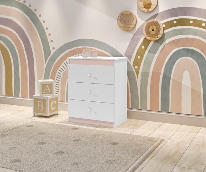 Imagem de Cômoda CAT Linha Infantil 3 Gavetas Com Puxadores Cromados Cor Branco/Rosa