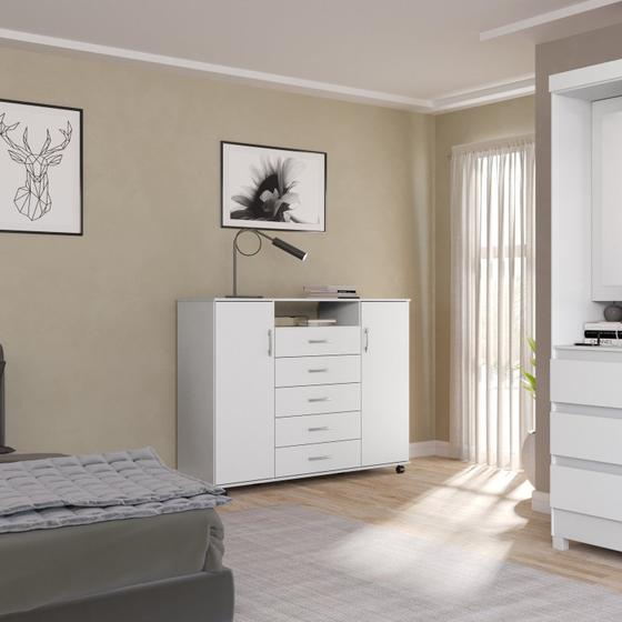 Imagem de Cômoda com 2 Portas 5 Gavetas e 1 Nicho com Rodizios Malta Branco