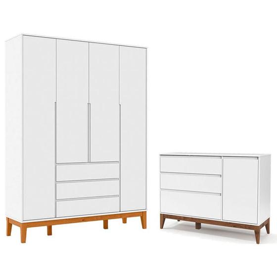 Imagem de Cômoda com Porta e Guarda Roupa Infantil Nature Clean 4 Portas Branco Soft Eco Wood - Matic