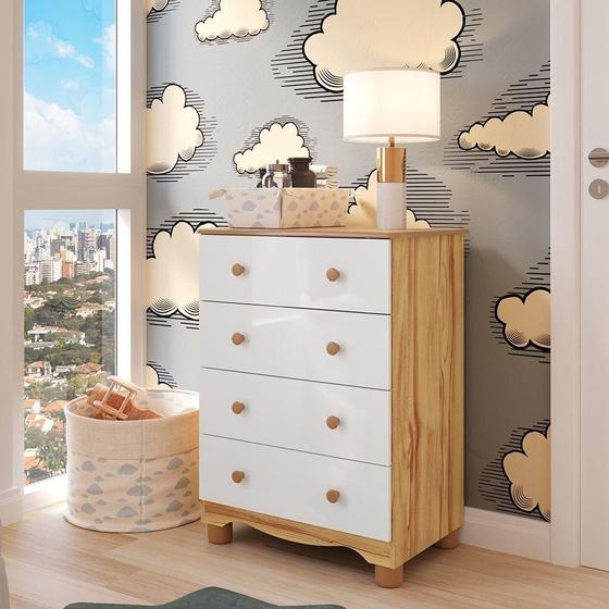 Imagem de Cômoda de Bebê com 4 Gavetas 100% MDF Mimo Branco Brilho/Amêndoa