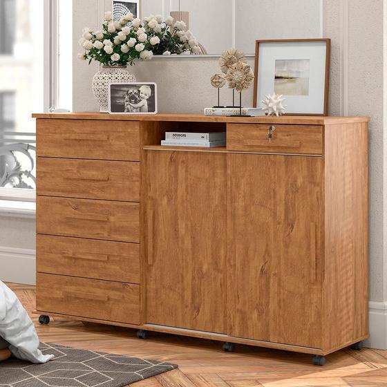 Imagem de Cômoda de Madeira 6 Gavetas Rodizios Noce Max New Lukaliam