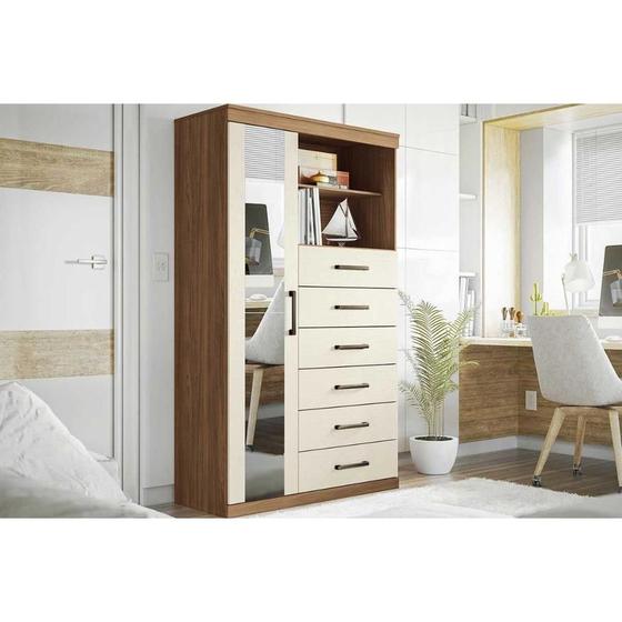 Imagem de Cômoda de Quarto Marabá 1.6 c/ 1 Porta 2 Nichos e 6 Gavetas c/ Espelho jatoba/Areia - Santos Andirá
