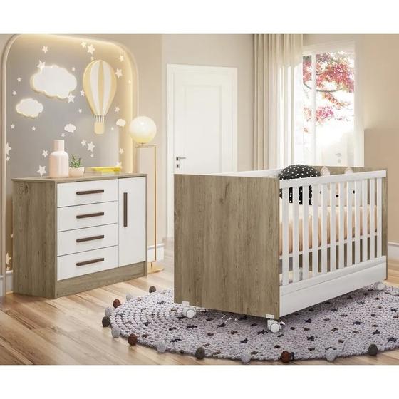 Cômoda e Berço Para Quarto De Bebê Qmovi Encanto Branco Carvalho ...