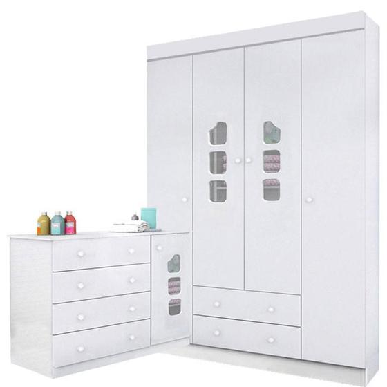 Cômoda e Guarda Roupa Infantil Lívia Branco Brilho - Phoenix Menor preço em Cômoda e Guarda Roupa Infantil Lívia Branco Brilho - Phoenix