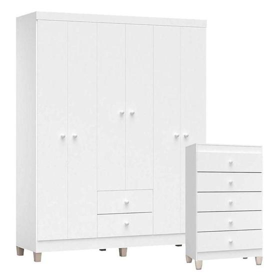 Imagem de Cômoda Gaveteiro E Guarda Roupa 6 Portas Ternura Baby Branco Brilho - Incorplac
