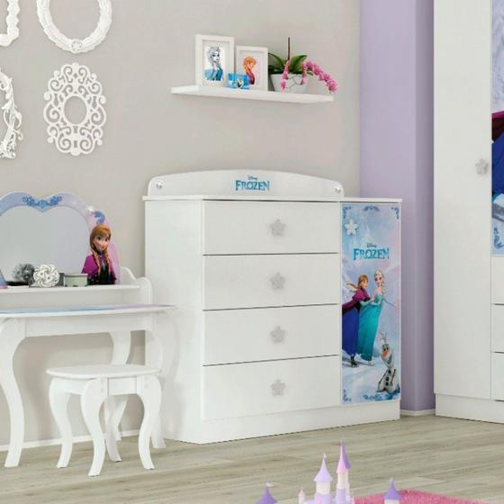 Imagem de Cômoda Infantil 1 Porta 4 Gavetas Frozen Disney Star Pura Magia Branco