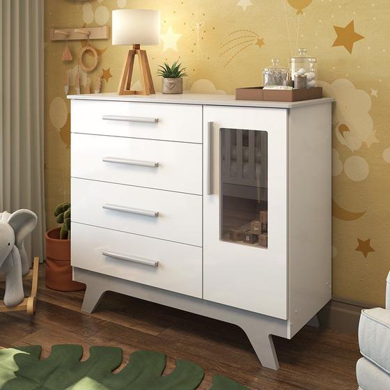 Imagem de Cômoda Infantil 1 Porta com Janela 4 Gavetas em MDF Kakau Retrô Móveis Peroba
