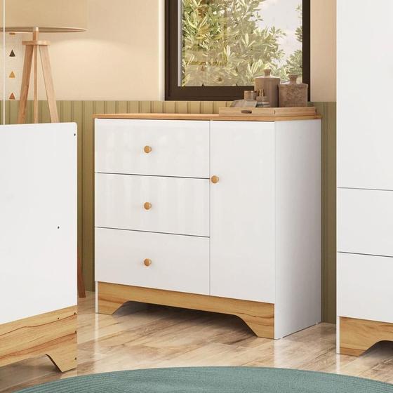 Imagem de Cômoda Infantil 1 Porta e 3 Gavetas 100% Mdf Cocada Branco Brilho/Amêndoa