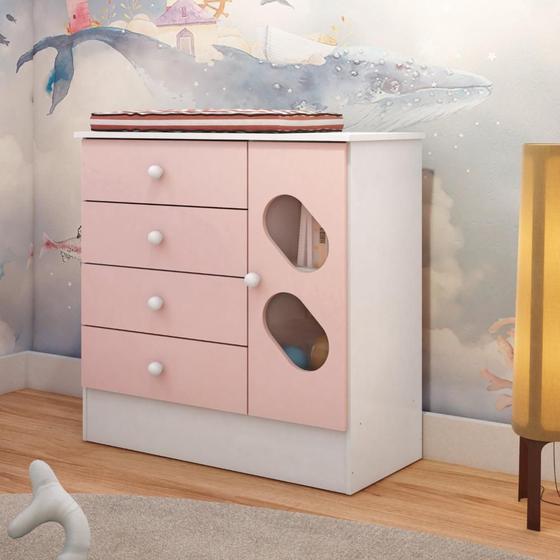 Imagem de Cômoda Infantil 1 Porta e 4 Gavetas Tic Tac Espresso Móveis Branco/Rosa