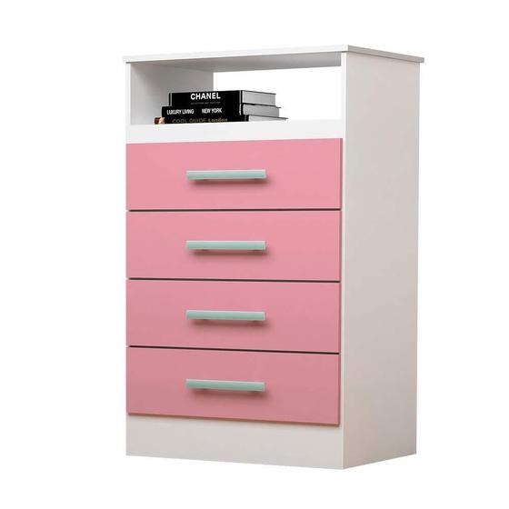 Imagem de Comoda infantil 4 Gavetas 100% MDF Jéssica ACP Móveis Branco/Rosa