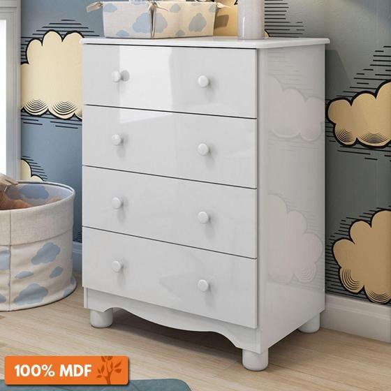 Imagem de Cômoda Infantil 4 Gavetas 100% Mdf Junior New Móveis Peroba Branco Brilho