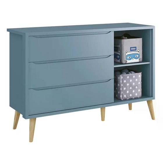 Imagem de Cômoda Infantil com Porta Theo Azul Fosco com Pés Madeira Natural - Reller Móveis