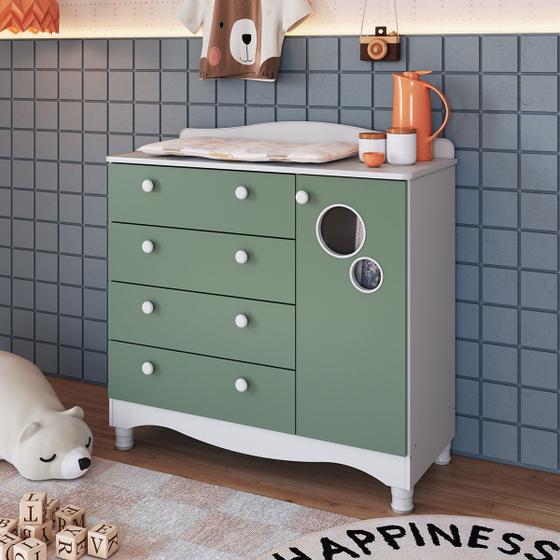 Imagem de Cômoda Infantil Encanto 4 Gavetas e 1 Porta Verde/Branco - Completa Móveis