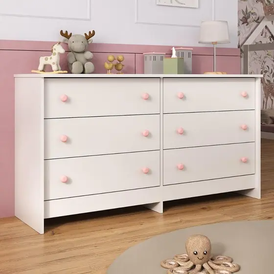 Cômoda Infantil Multimóveis Para Quarto de Bebê com 6 Gavetas, Antitombamento e Design Elegante