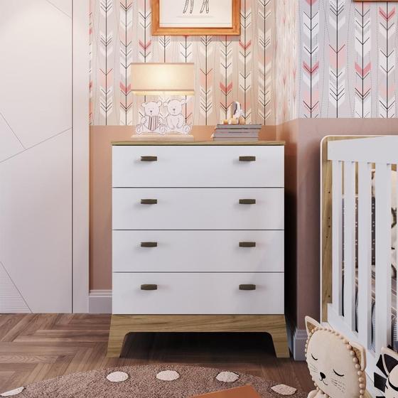 Imagem de Cômoda Infantil Multiuso Organizadora Quarto 4 Gavetas Design Retrô Branco Com Marrom Madeira