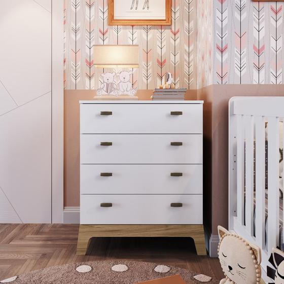 Imagem de Cômoda Infantil Multiuso Organizadora Quarto 4 Gavetas Pés Marrom Madeira Design Retrô Branco