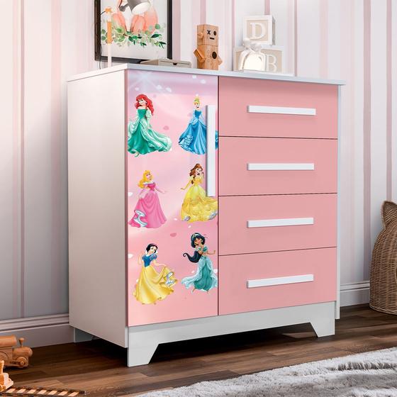 Imagem de Cômoda Infantil Personagens Princesas 4 Gavetas 1 Porta Mdf - Rosa