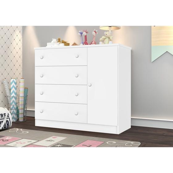 Imagem de Cômoda para Quarto de Bebê 4 Gavetas 1 Porta Laiza Branco