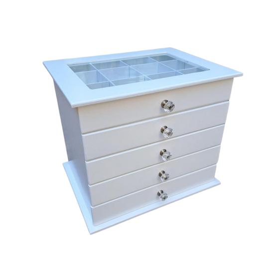 Comoda Porta Jóias Organizador de Bijuteria Anel Colar Com Vidro Puxador Cristal 5 Gavetas Menor preço em Comoda Porta Jóias Organizador de Bijuteria Anel Colar Com Vidro Puxador Cristal 5 Gavetas
