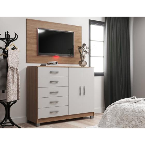 Cômoda Sapateira 2 Portas 5 Gavetas com Pés + Painel para Tv até 55 Polegadas Menor preço em Cômoda Sapateira 2 Portas 5 Gavetas com Pés + Painel para Tv até 55 Polegadas