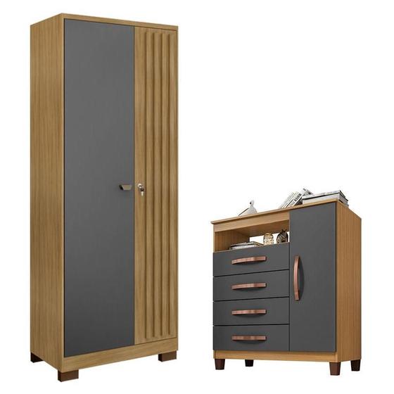 Imagem de Cômoda Sapateira Cannes com Armário Multiuso Versatile 2 Portas com Chave Carvalho Americano Grafite  Incorplac