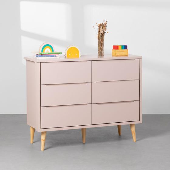Imagem de Cômoda Theo 6 Gavetas com Pés Retrô Natural - Rosa