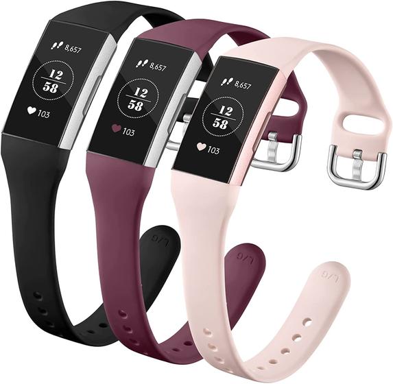 Imagem de  Compatível com pulseiras Fitbit Charge 3/Fitbit Charge 4 pulseiras para mulheres, pulseira de substituição fina de silicone macio para Fitbit Charge 3/Charge 3 SE/Charge 4 bandas femininas masculinas, pequena preta/rosa areia/vinho vermelho