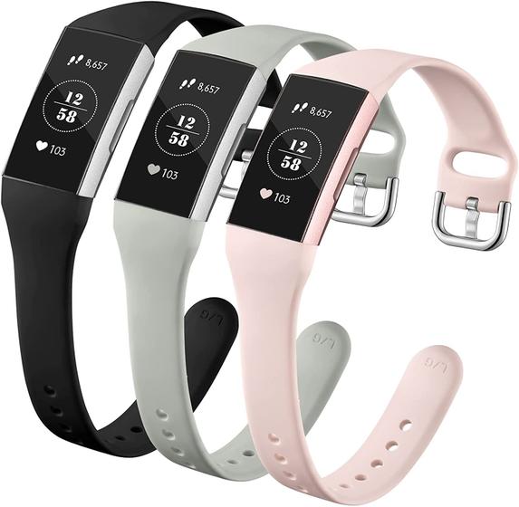 Imagem de  Compatível com pulseiras Fitbit Charge 3/Fitbit Charge 4 pulseiras para mulheres, pulseiras de substituição finas de silicone macio para Fitbit Charge 3/Charge 3 SE/Charge 4 bandas femininas masculinas, grande preto/cinza/rosa areia