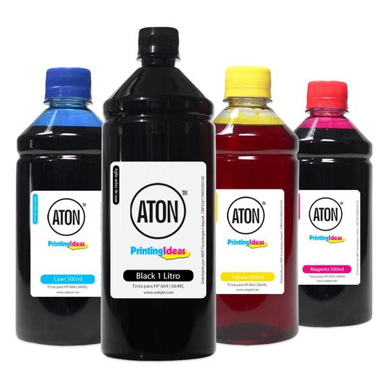 Imagem de Compatível: Kit 4 Tintas para  664  664XL Black 1 Litro Coloridas 500ml Aton