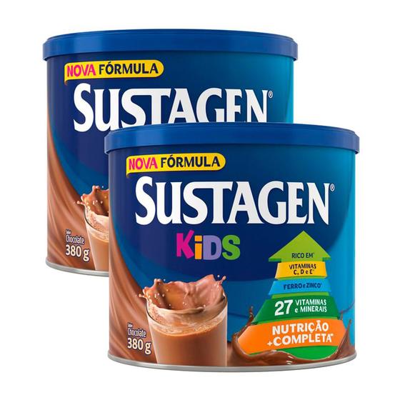Imagem de Complemento Alimentar Sustagen Kids Chocolate Lata 380g  Kit com duas unidades