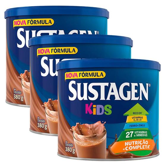 Imagem de Complemento Alimentar Sustagen Kids Chocolate Lata 380g  Kit com três unidades