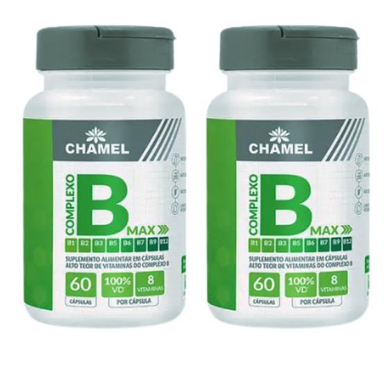 Imagem de Complexo B Max  (Vitaminas B1, B2, B3, B5, B6, B7, B9 e B12) - 2 frascos com 60 cápsulas  Chamel